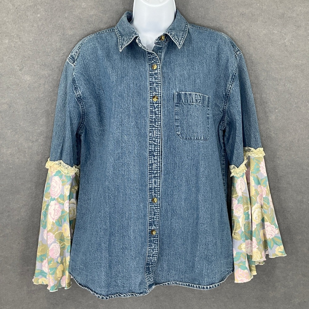 Denim Shirt Floral Bell Sleeves Lace Sz M Button Up Eclectic Boho Artsy Vtg